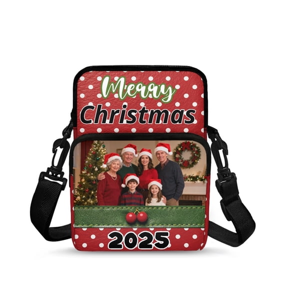 FUIALDOLG Merry Christmas Crossbody Bag with Red Polka Dot Family Photo, 2 Layer Polyester Shoulder Pouch for Women Girls School Work Travel
