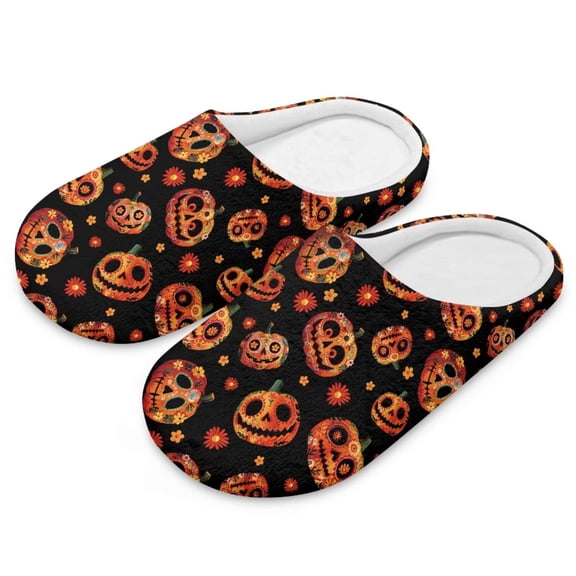 FUIALDOLG Mexican Pumpkin Skull Print Indoor House Slipper for Woman Closed Toe Slide Lightweight Material Bedroom Shoes for Winter, Size 6-7