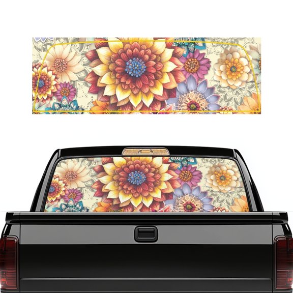 FUIALDOLG Mixed Floral Mandala Rear Window Decals for Trucks, 66.9 x 22.4 Inch Vinyl Back Window Decals Fit Most Pickup Trucks, Waterproof Anti-UV for Car Decoration