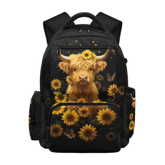 FUIALDOLG Multi-Pocket Backpack for Daily Use School, 600D Polyester Waterproof Kids Backpacks, Highland Cow Sunflower Pattern