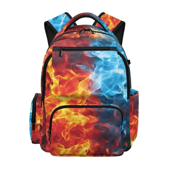 FUIALDOLG Multi-Pocket Elementary Schoolbag for Sports Travel, 600D Polyester Large Capacity Book Bag, Fire and Ice Print