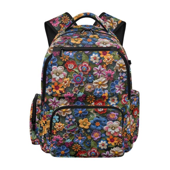 FUIALDOLG Multi-Pocket School Backpack for Travel Middle School, 600D Polyester Portable Bookbag, Embroidered Floral Print