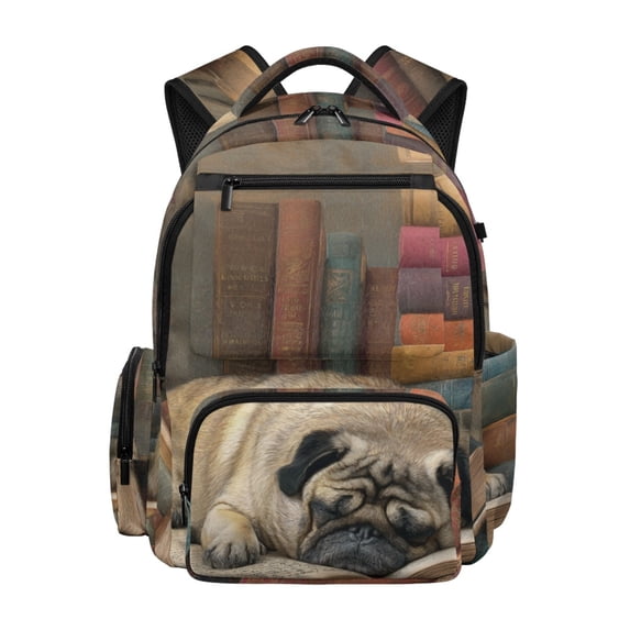 FUIALDOLG Multi Pocket School Bookbag for Travel Scuola, 600D Polyester Multi-Pocket Book Bag, Sleeping Pug Design