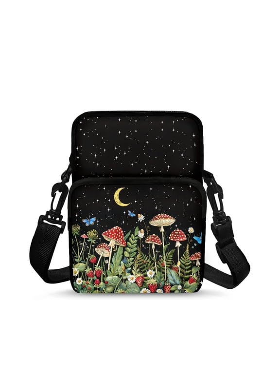 Mushroom Forest Moon Pattern Shoulder Bag Polyester Cellphone Crossbody Purse for Women, 2 Layer Portable Crossbody Bag