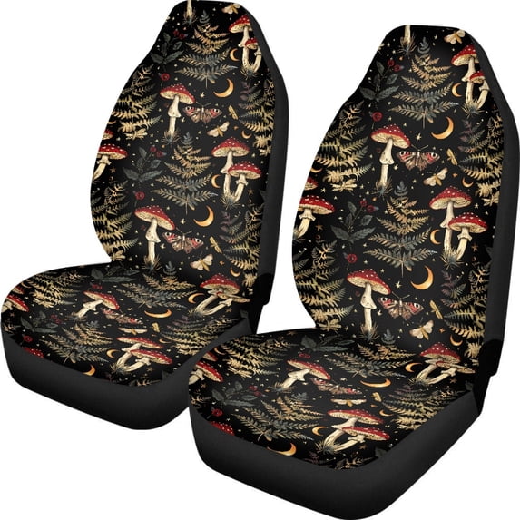 FUIALDOLG Mushroom Moon Botanical Print Car Accessories Protectors for Women, Full Set of 2 Car Seat Covers Washable Stretch Vehicle Seat Covers