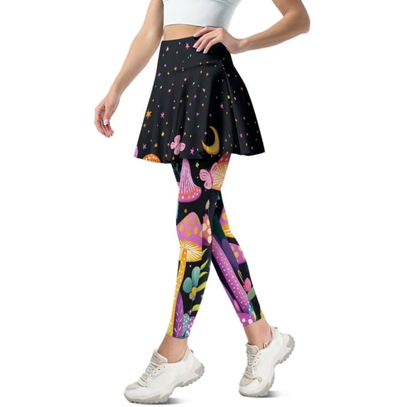 FUIALDOLG Mushroom Tennis Skirt with Leggings for Women Lady Active Golf Tennis Skorts Lady High Waist Yoga Leggings Skirts Moon Stars Mushroom Butterfly Pants Casual Trousers Tennis Clothing,Size M