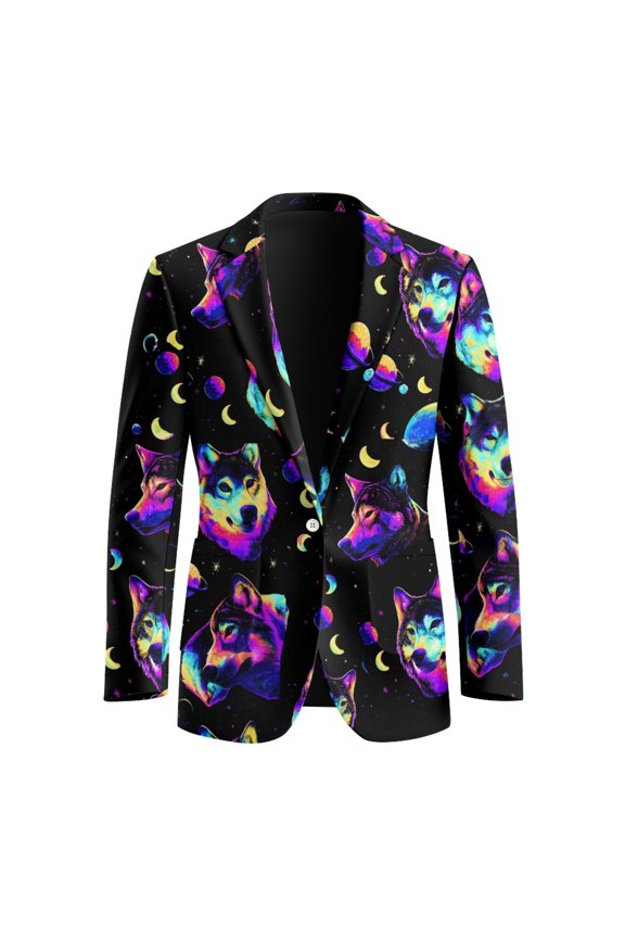 Neon Galaxy Wolf Print Polyester Sports Coat with One Button, Lightweight Slim Fit Suit Jacket for Men Casual and Prom Events