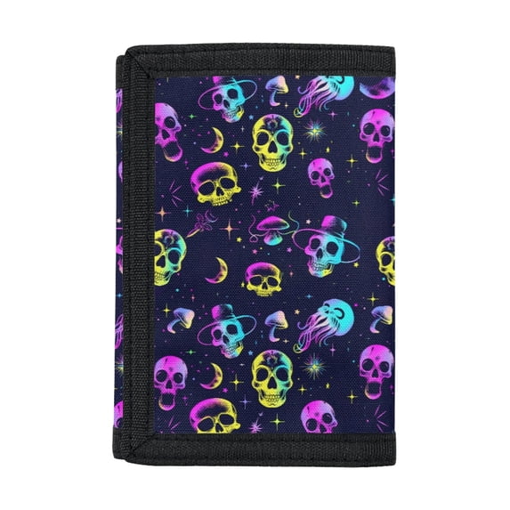 FUIALDOLG Neon Skull Galaxy Trifold Card Wallet, Compact Polyester Toddler Wallet Dustproof for Outdoor Shopping Daily Use