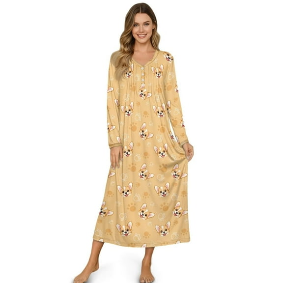 FUIALDOLG Nightgowns for Women Long Sleeves Yellow Corgi Print Nightgown Ladys Soft Sleepwear Button V Neck Sleepshirt Long Nightgown for Pajama Party, Small