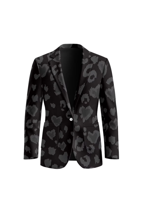 One Button Blazers for Men Grey Love Leopard Print Regular Fit Wedding Open Front Jackets with 2 Side Pockets Long Sleeve Daily Sport Coat,S