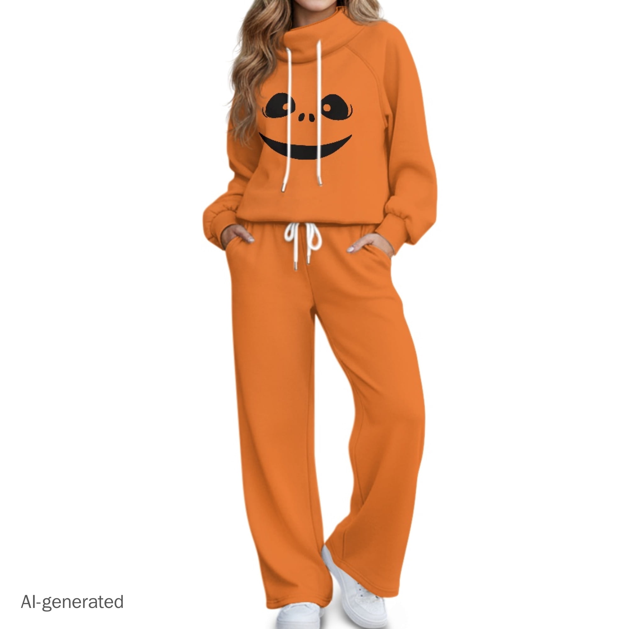 FUIALDOLG Orange Smile Pattern Two Piece Tracksuit, Elastic Tie Waist ...