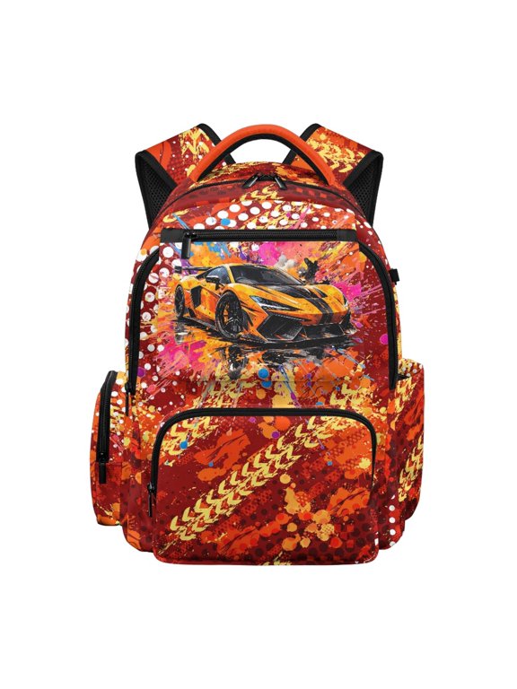 Orange Sports Car Splatter School Bag with Soft Padded traspirante Zaino per ragazze, Lightweight 17 Inch Kids Backpack for Daily Use Elementary School Travel