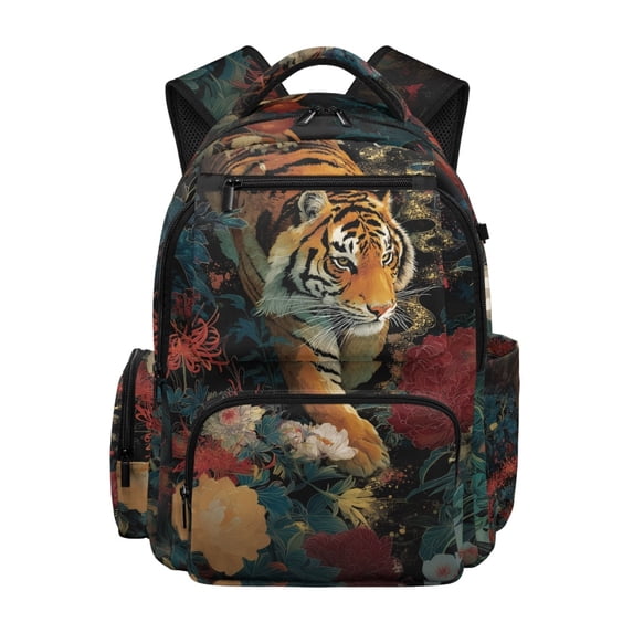 FUIALDOLG Oriental Tiger & Floral Print Casual School Backpack with Multi-Pocket Lightweight Casual Daypack, Padded Straps 17 Inch Bookbag for Travel Elementary School