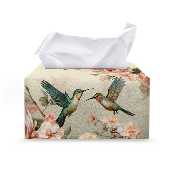 FUIALDOLG PU Leather Rectangle Tissue Box Cover - Cute Hummingbird Flower Tissue Cube Box Holder with Buckle Bottom, Decorative Organizer for Vanity Toilet Night Stand Table Office Car