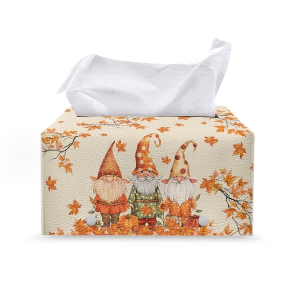 FUIALDOLG PU Leather Rectangle Tissue Dispenser Box, Autumn Gnome Maple Leaf Tissue Box Cover Foldable Waterproof Rectangle Tissue Box Cover for Dresser Car
