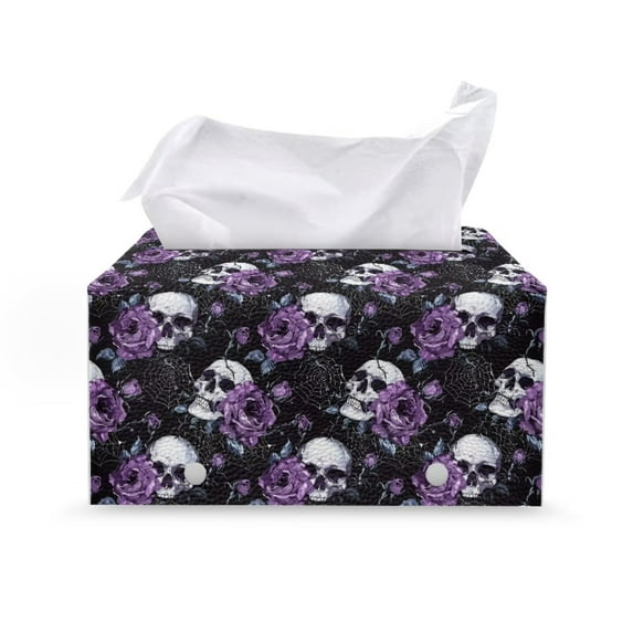 FUIALDOLG PU Leather Tissue Box Cover Rectangular Skull Purple Rose Tissue Holder Dispenser Paper Cover Case Napkin Holder Home Decor for Bathroom living room office car kitchen