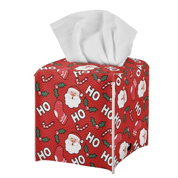 FUIALDOLG PU Leather Tissue Box Cover Square - Cartoon Santa Christmas Tissue Cube Box Holder with Bottom Belt, Decorative Organizer for Vanity Toilet Night Stand Table Office Car