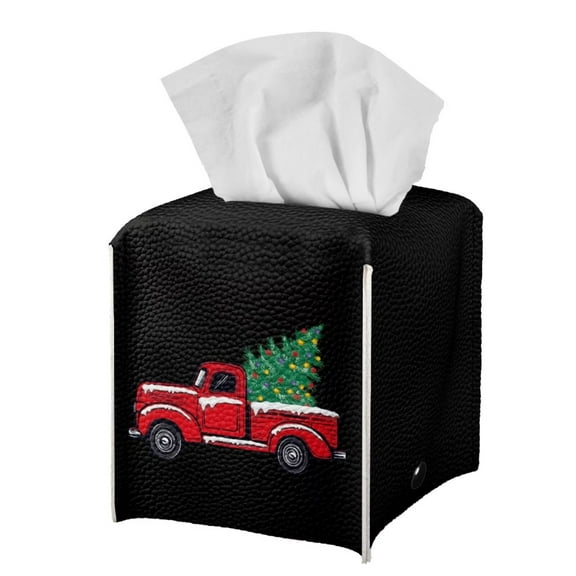 FUIALDOLG PU Leather Tissue Box Cover Square - Truck Christmas Tissue Cube Box Holder with Bottom Belt, Decorative Organizer for Vanity Toilet Night Stand Table Office Car