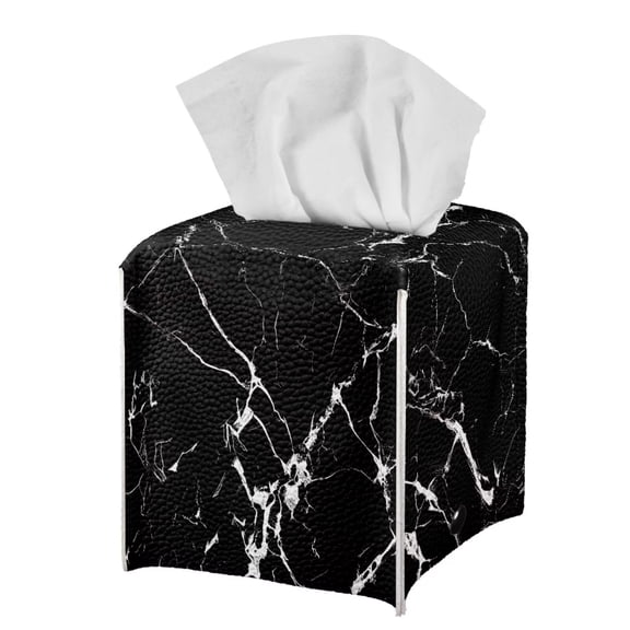 FUIALDOLG PU Leather Tissue Box Cover Square Waterproof Tissue Box Holder with Metal Button for Car, Bathroom, Kitchen (Black Marble)