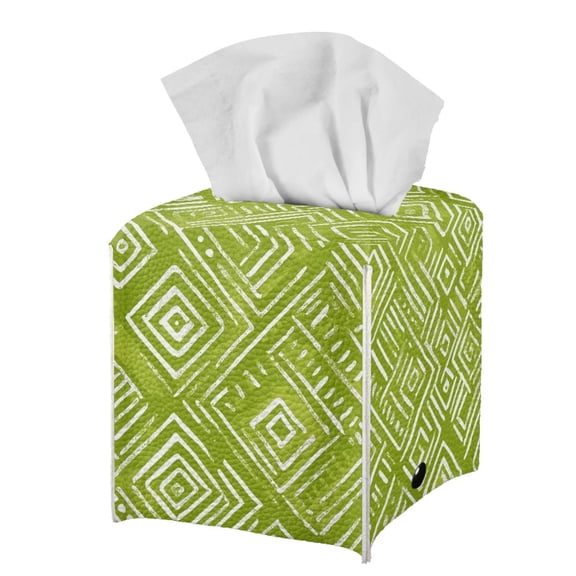 FUIALDOLG PU Leather Waterproof Tissue Box Holder Green Geometric Pattern, Square Napkin Facial Tissues Boxes Dispenser, Home Office Car Tissue Holder Decorative Container with Metal Button