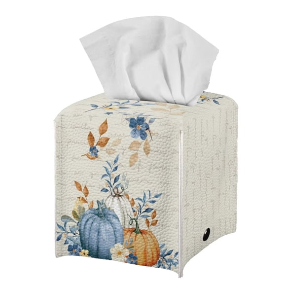 FUIALDOLG PU Leather Waterproof Tissue Box Holder, Square Napkin Facial Tissues Boxes Dispenser, Blue Pumpkin Floral Home Office Car Tissue Holder Decorative Container