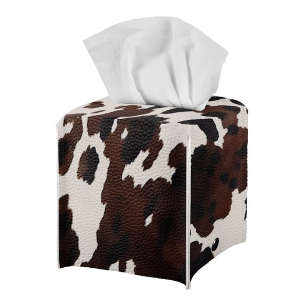 FUIALDOLG PU Leather Waterproof Tissue Box Holder, Square Napkin Facial Tissues Boxes Dispenser, Brown Cow Hide Print Home Office Car Tissue Holder Decorative Container