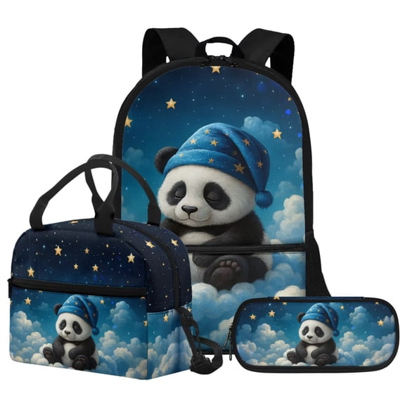 FUIALDOLG Pajama Panda Backpack With Lunch Box And Pencil Case Set of 3 School Bookbag 17 Inch Kawaii Cute Kindergarten Elementary School Backpack And Lunch Box Pen Pouch