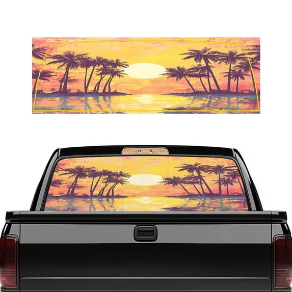 FUIALDOLG Palm Sunset Theme Car Rear Windshield Sunshade, Waterproof Vinyl, Easy Install Perforated Pickup Truck Rear Window Decal Full Windows Coverage