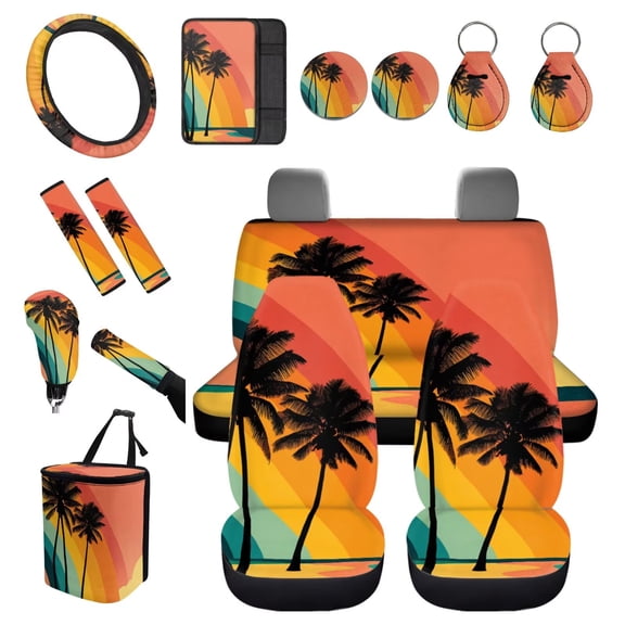 FUIALDOLG Palm Tree Stripes Car Seat Cover Set Tropical Classic Car Front Back Seats Covers Full Sets with Seatbelt Strap Pads, Center Console Mat, Bear Shift Pad, Coasters Auto Interior Accessories