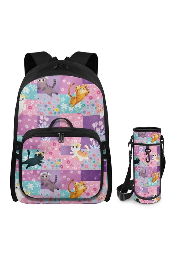 Patchwork Cat Backpack for Girls Children School Backpack,Kids Bookbag with Lunchbox and Bottle Holder,3Piece School Backpack Set Back to School Gifts to Boys and Girls