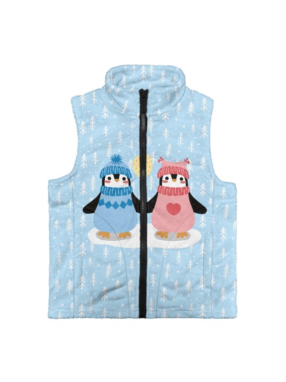 Penguin Pattern Sleeveless Fleece Jacket Warm with Soft Polyester Kid Outerwear Vest for Fall Casual
