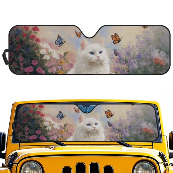 FUIALDOLG Persian Cat Butterfly Print Car Windshield Sun Shade Block UV Rays Universal Sun Visor Protector for Car,ORV Accordion Folding Sunshade Keep Vehicle Cool