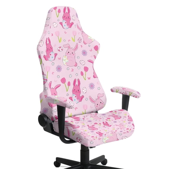 FUIALDOLG Pink Bunny Chair Cover with Armrest Pad Gaming Chair Covers Happy Easter Day Theme Dust Proof Furniture Protector Covers Universal Fit for Computer High Back Chairs