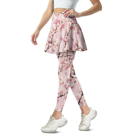 FUIALDOLG Pink Cherry Blossom Butterfly Skirted Leggings for Women Athletic Skirt with Leggings Yoga Pants Sport Full Length Pants Tennis Clothing,Size M