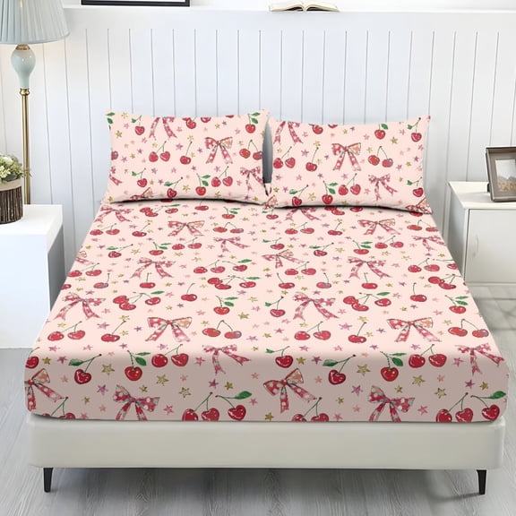 FUIALDOLG Pink Cherry Sheet Set 3 Piece,Soft Queen Sheets with Pillowcase Soft Comfort Bedding Cover Children Bedroom Decoration,Twin