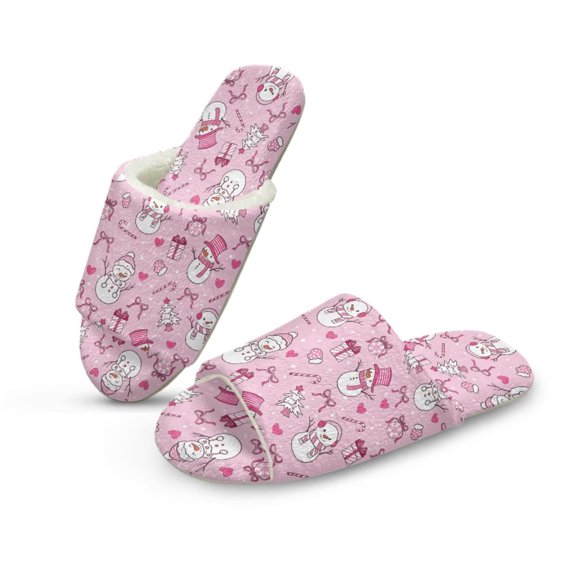 FUIALDOLG Pink Christmas Print House Slippers for Women Lightweight Indoor Slippers Open Toe Slip On Bedroom Shoes with Memory Foam, Size 6-7