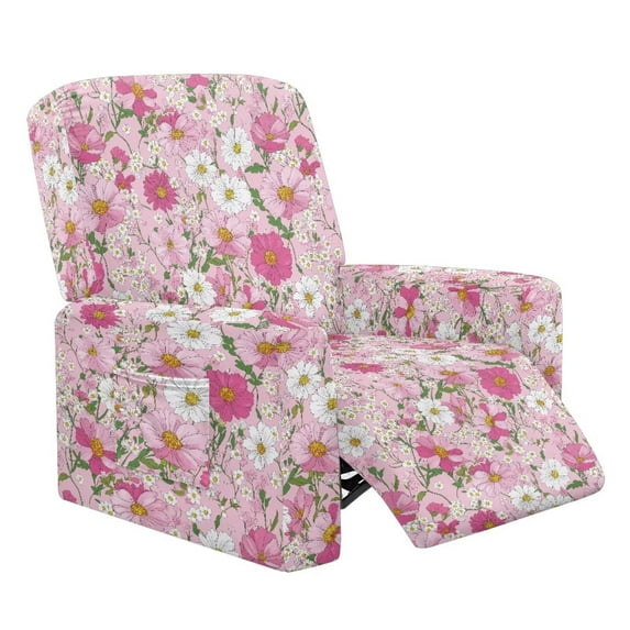 FUIALDOLG Pink Daisy Floral Decor Recliner Chair Cover, 4-Pieces Stretch Recliner Covers for Reclining Couches Washable Reclining Chair Slipcover Furniture Protector for Dogs Cats