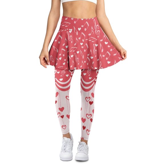 FUIALDOLG Pink Love Hearts Musical Skirt with Leggings for Women Musical Yoga Leggings with Pocket High Waist Tennis Skirted Legging Active Pants Long Trousers for Music Teacher,Size XS