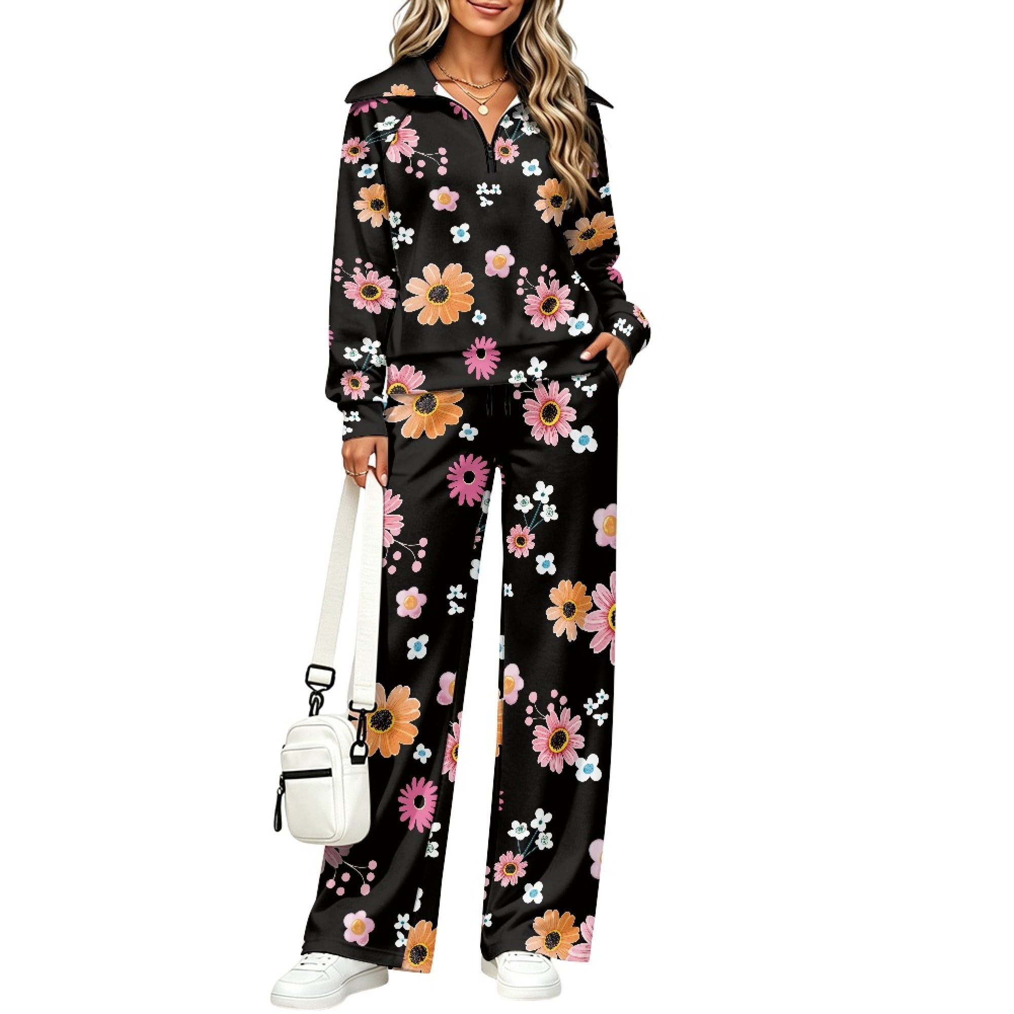 FUIALDOLG Pink Orange Floral Pattern Lounge Sets, Lapel Tracksuits ...