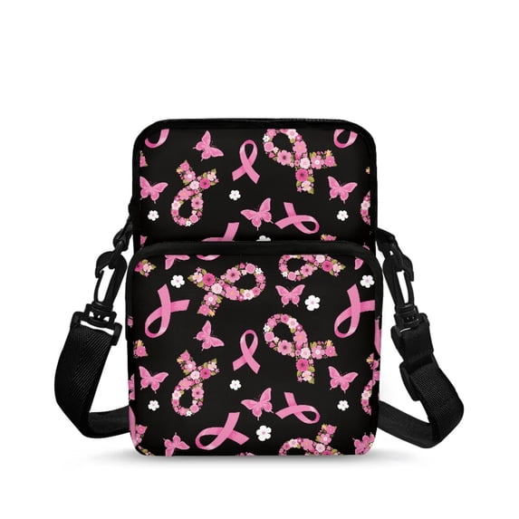 FUIALDOLG Pink Ribbon Crossbody Bag with Butterfly Floral Pattern, Polyester Zipper Shoulder Bag for Women Girls Outdoor Daily Use