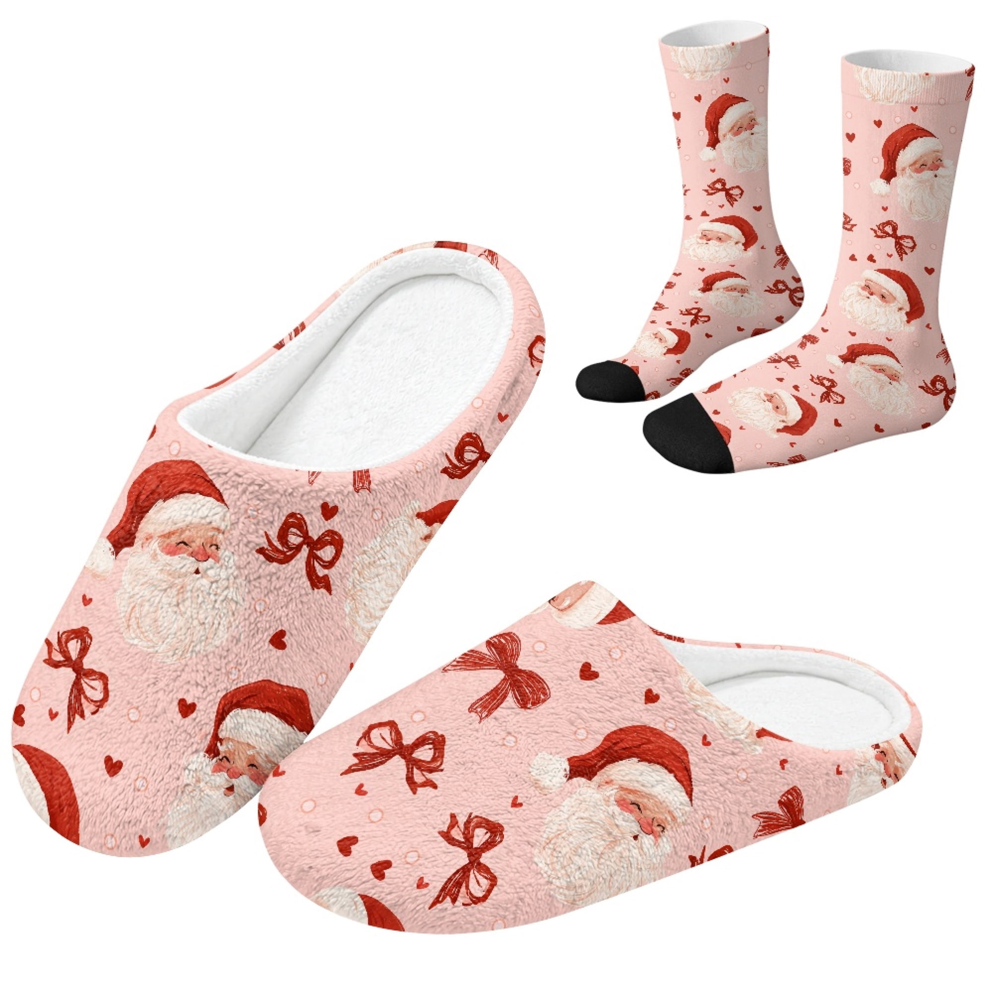 FUIALDOLG Pink Santa Bow House Shoes Matching Calf Socks Set Indoor ...