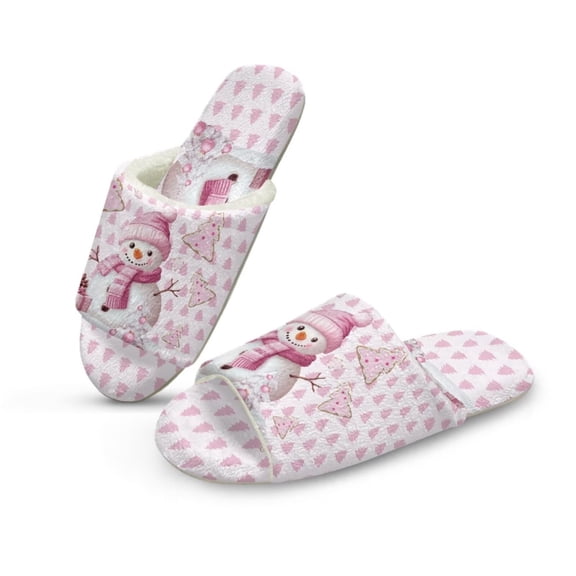 FUIALDOLG Pink Snowman Print Slippers for Women Memory Foam House Bedroom Christmas Open Toe Slide Slipper Shoes Comfy Trendy Gift Slippers, Size 4.5-5.5
