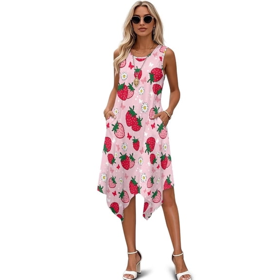FUIALDOLG Pink Strawberry Dresses for Women Summer Long Dresses Casual Asymmetrical Sundresses with Pockets Trendy Ruffle Hem Swing Flowy Beach Long Dresses,2XL