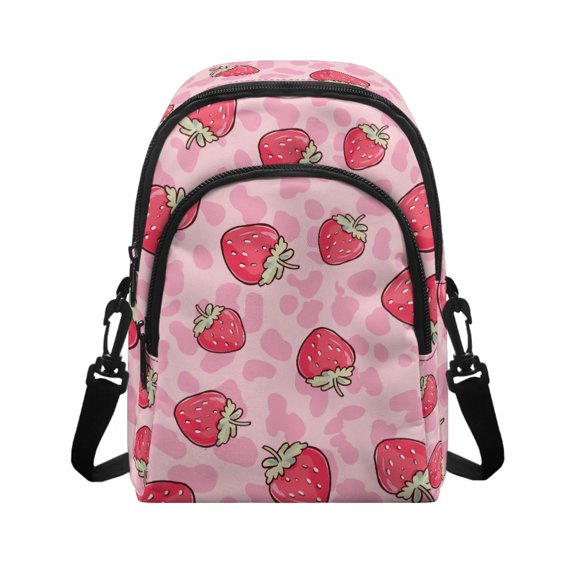 FUIALDOLG Pink Strawberry Pattern Zipper Closure Cell Phone Wallet Purses for Shopping Party Dating, Polyester Adjustable Strap Cell Phone Purse