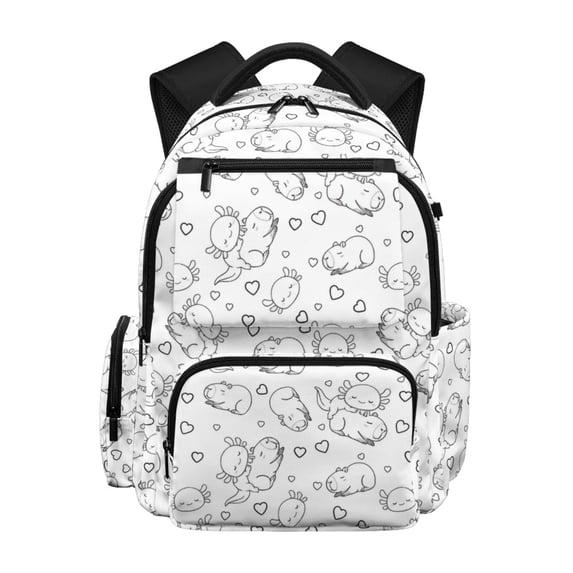 FUIALDOLG Pockets School Bag for Back to School Casual, Polyester Padded Kids Backpack, Capybara Axolotl Couple Print