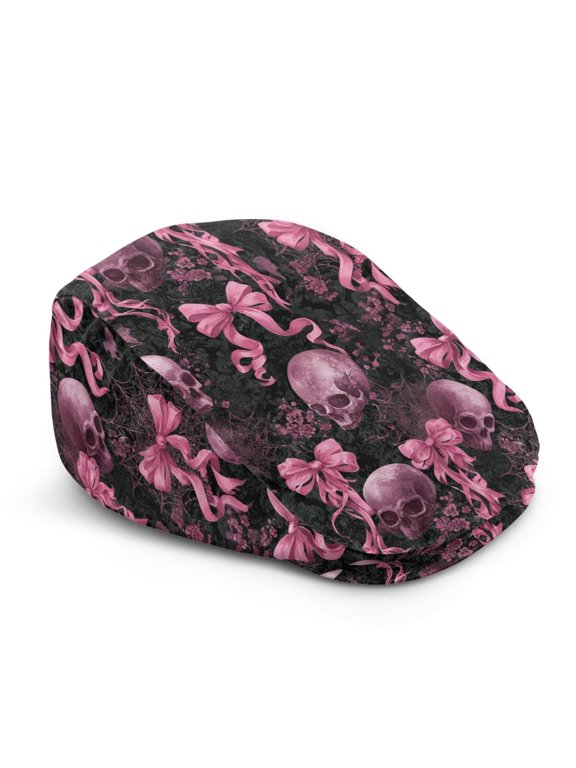 Polyester Beret Hat for Driving Outings Golf, Soft Adjustable Flat Cap, Pink Skull Bow Pattern