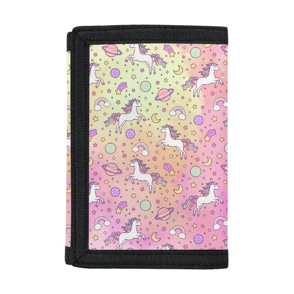 FUIALDOLG Polyester Children's Wallet with Foldable Slim Kids Trifold Wallet for Outdoor, Pink Unicorn Rainbow Print Trifold Card Wallet