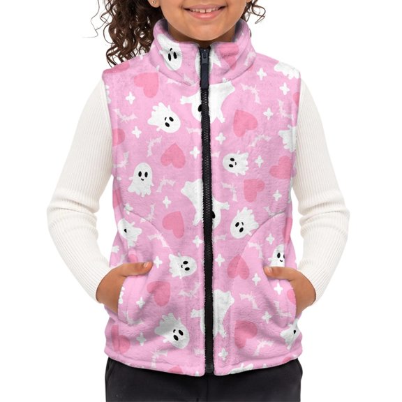 FUIALDOLG Polyester Children's blanket warm vest with with Pockets Full Zipper Kids Polar Fleece Vest Jacket for Running, Heart Ghost Print Girls Fuzzy Fleece Vest