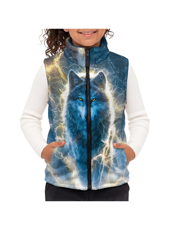 Polyester Children's blanket warm vest with with Pockets Wind Proof Kid Outerwear Vest for Winter, Wolf & Lightning Digital Print Kids Polar Fleece Vest Jacket