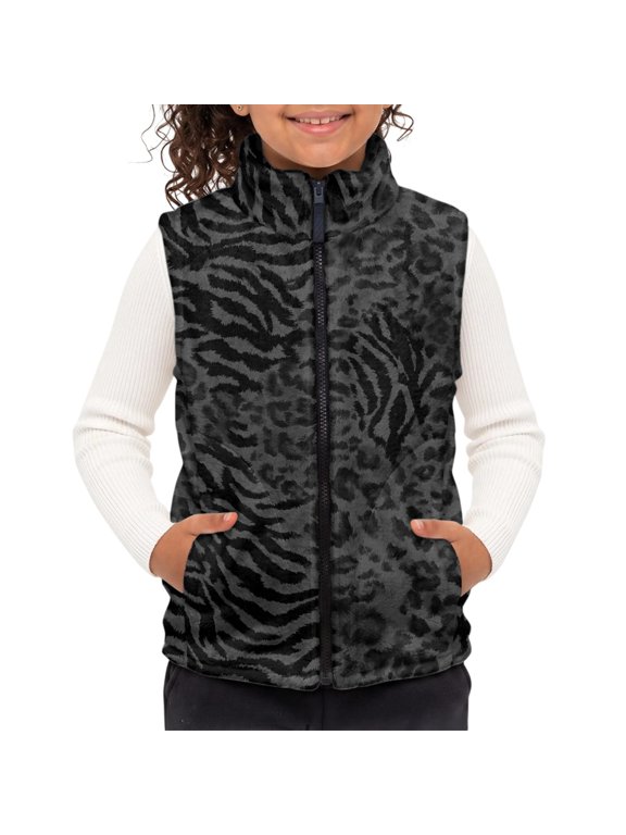 Polyester Children's blanket warm vest with Soft With Pocket Kids Fleece Vest for Fall, Black Leopard Pattern Kids Polar Fleece Vest Jacket